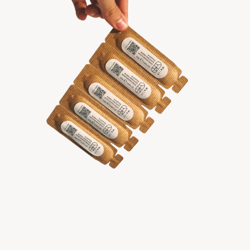 Product packaging with a black and white design on a gray background