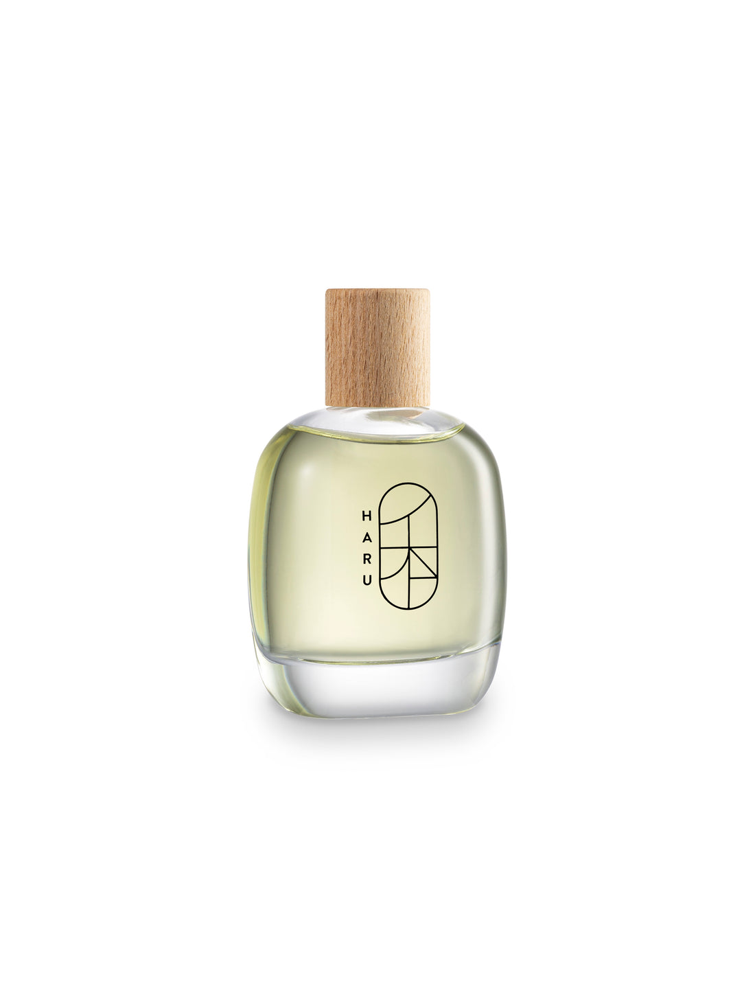A clear glass bottle of HARU Eau de Parfum with a wooden cap, displaying the brand's logo on the front.