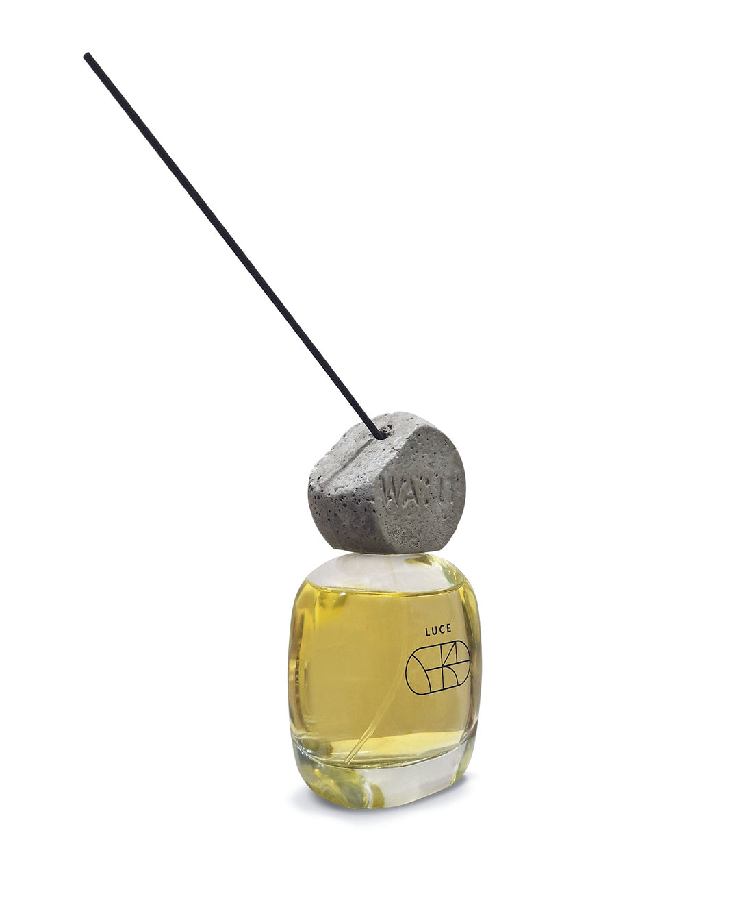A bottle of LUCE Eau de Parfum with a yellowish liquid and a concrete cap, displayed against a white background.