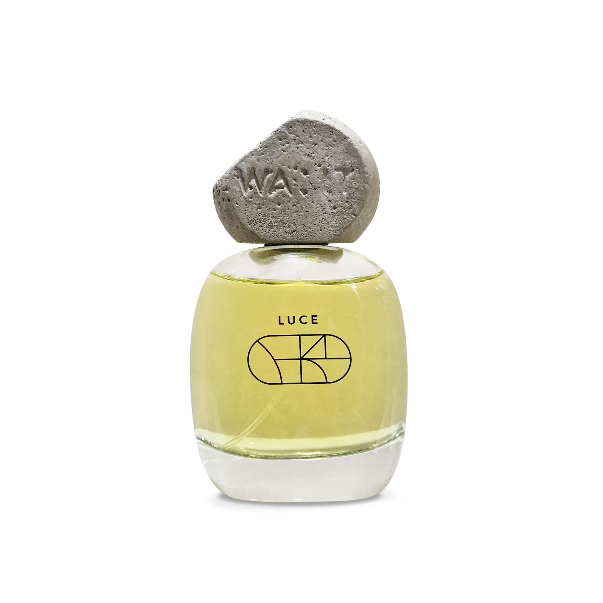 A bottle of LUCE Eau de Parfum with a yellowish liquid and a concrete cap, displayed against a white background.