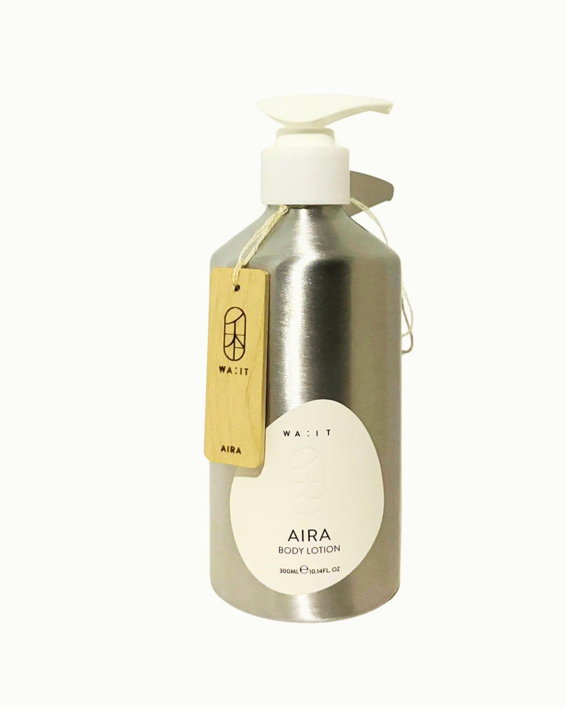 Silver lotion bottle with pump and 'AIRA' branding on a white background