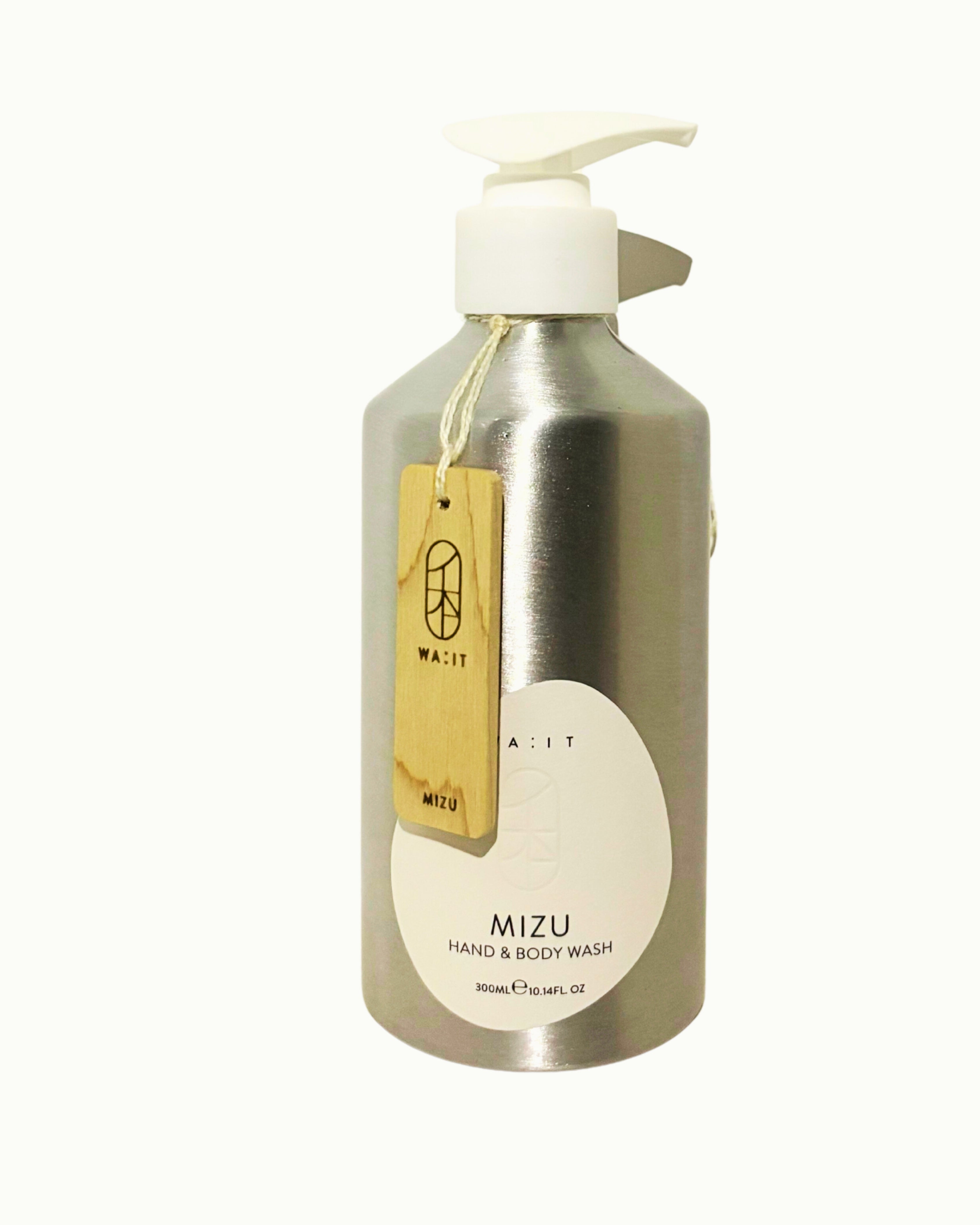 Mizu hand and body wash bottle with pump on a white background